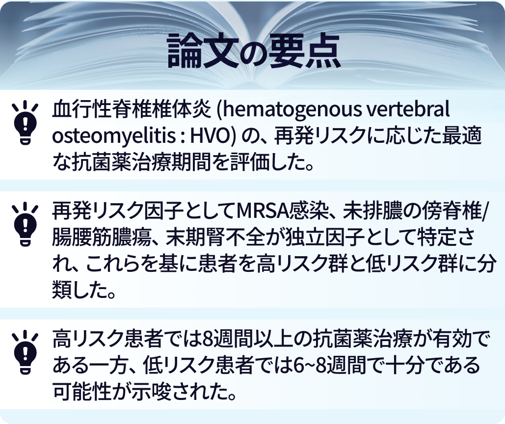 化膿性椎体炎､ 再発リスクに応じた最適な抗菌薬治療期間は？