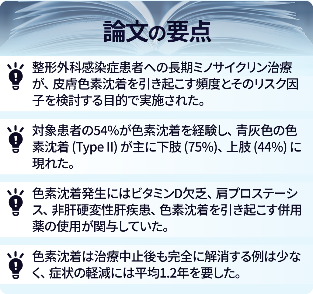 ミノサイクリンによる皮膚色素沈着の頻度とリスク因子は？
