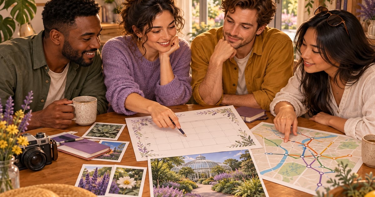 Patru adulți planifică o ieșire la masă, cu un calendar, o imagine de grădină botanică și o hartă de transport.