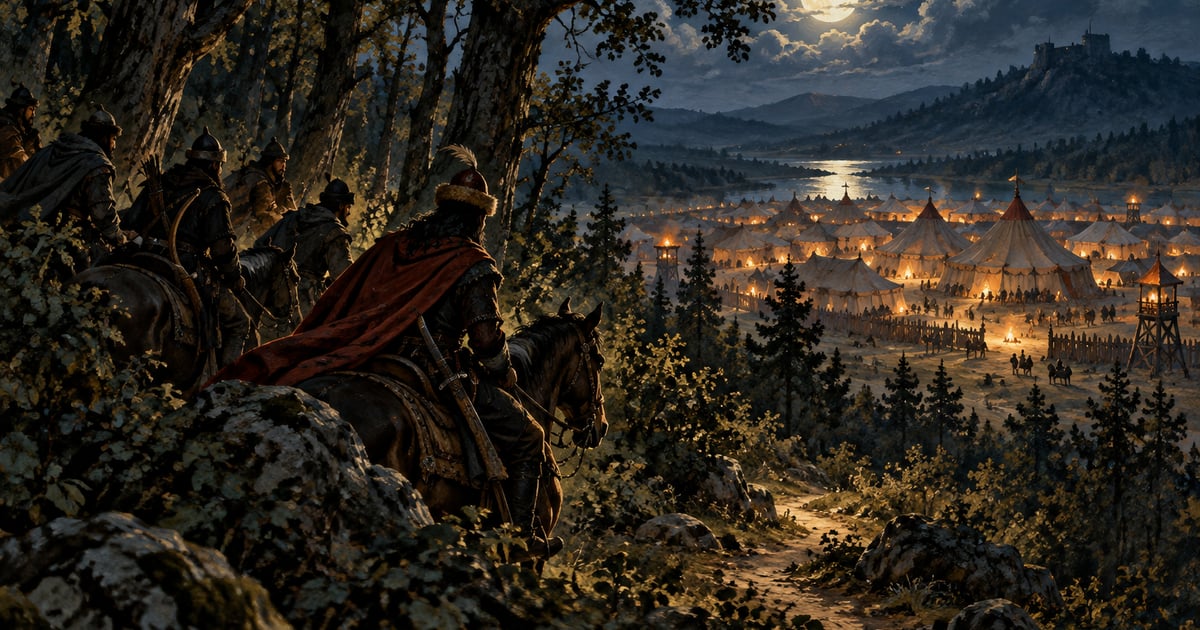 O tabără medievală în lumina lunii și o potecă prin pădure sugerează o incursiune nocturnă.