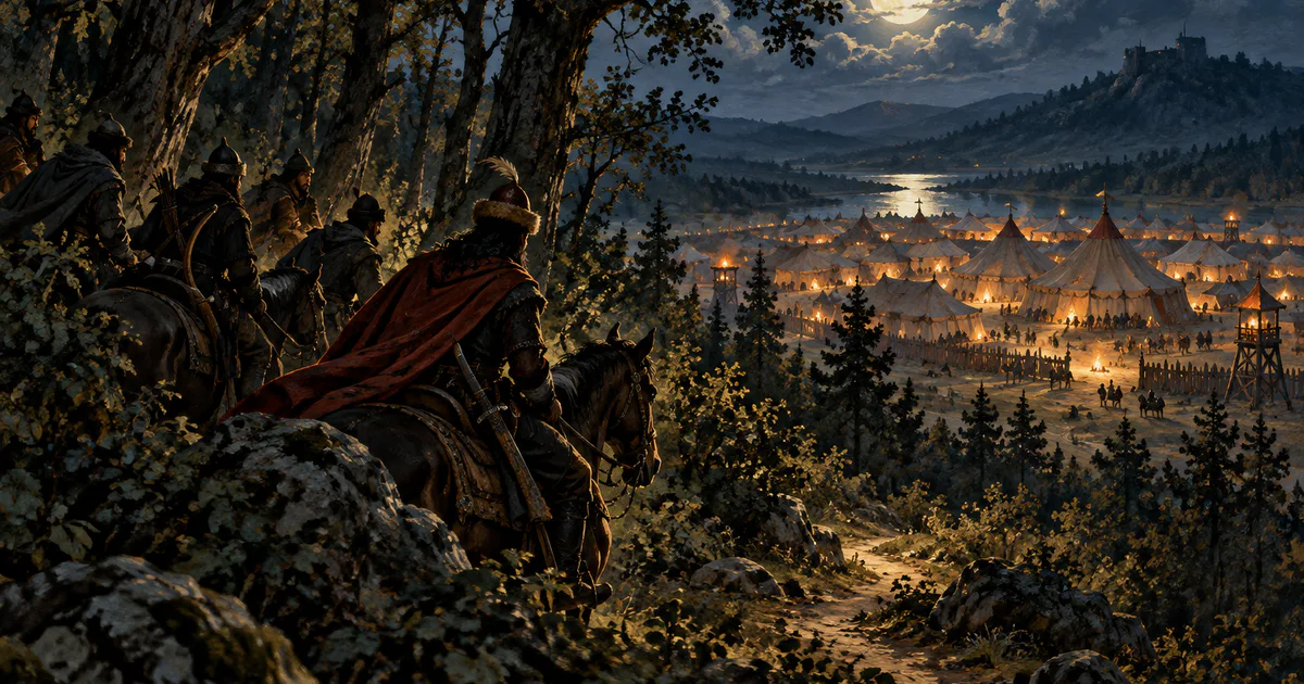 O tabără medievală în lumina lunii și o potecă prin pădure sugerează o incursiune nocturnă.