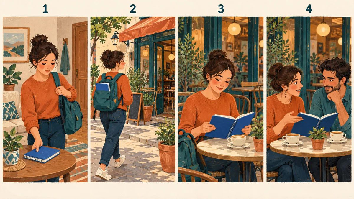 Ilustrație didactică generată cu AI Patru scene numerotate: o femeie ia un caiet albastru de acasă, merge cu el în rucsac la cafenea, îl citește singură și apoi îl discută cu un prieten.