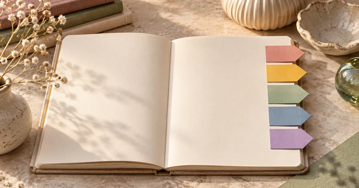 Caiet deschis fără text și cinci semne de carte colorate, metaforă a clasificării.