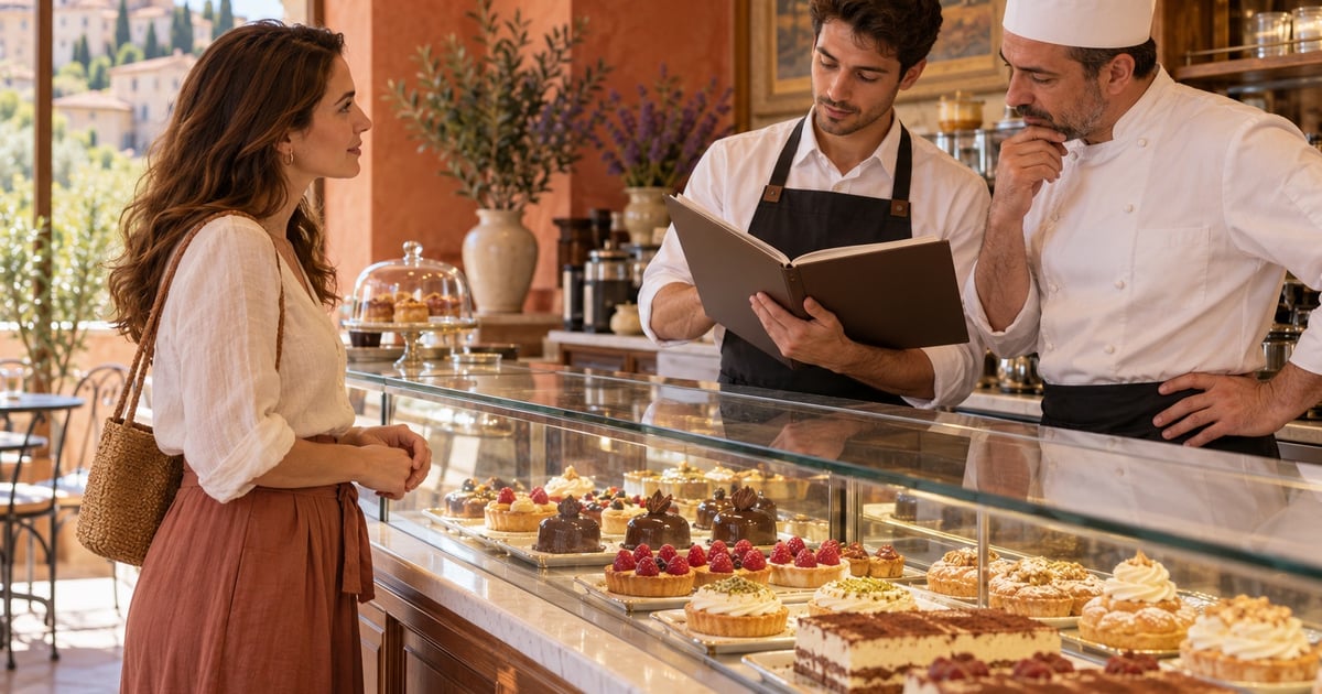 O clientă discută despre ingrediente cu personalul unei cafenele, care consultă un dosar.