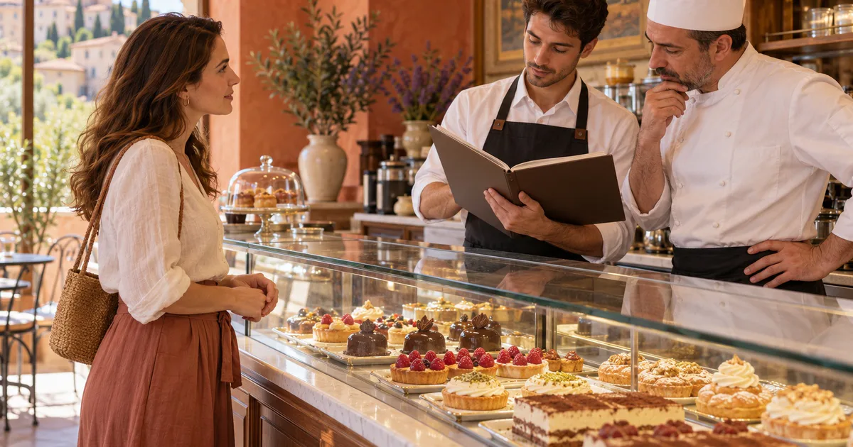 O clientă discută despre ingrediente cu personalul unei cafenele, care consultă un dosar.