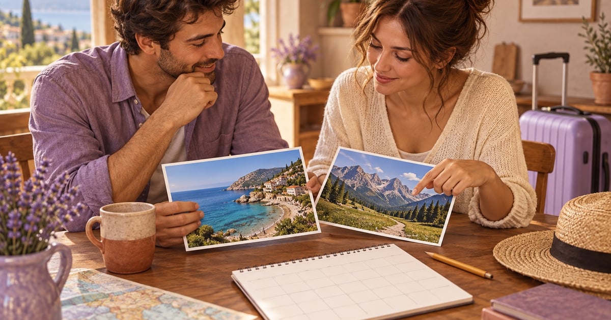 Doi adulți compară fotografii cu marea și muntele lângă un calendar fără date și o valiză.