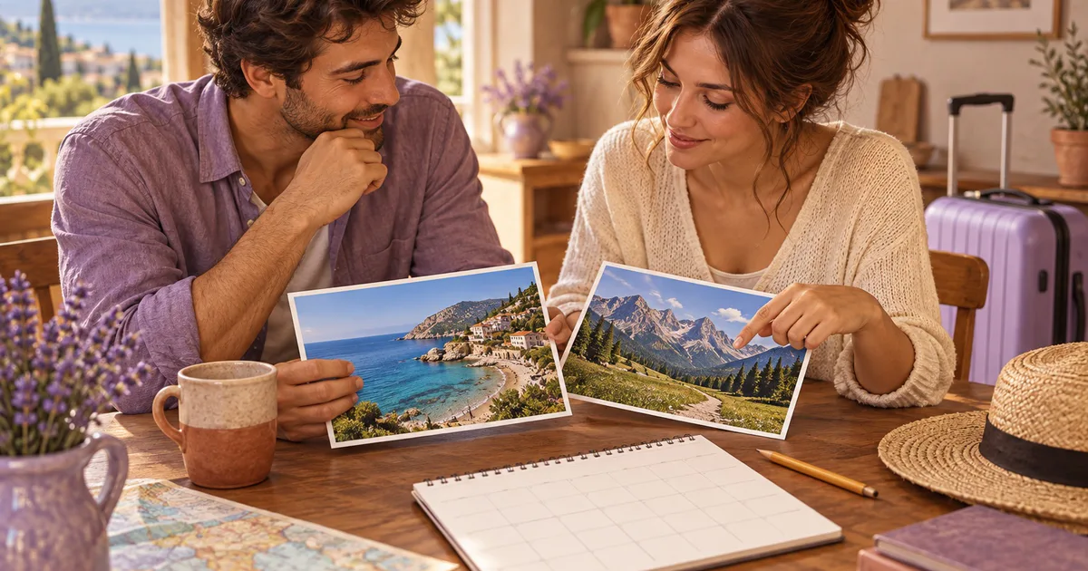 Doi adulți compară fotografii cu marea și muntele lângă un calendar fără date și o valiză.