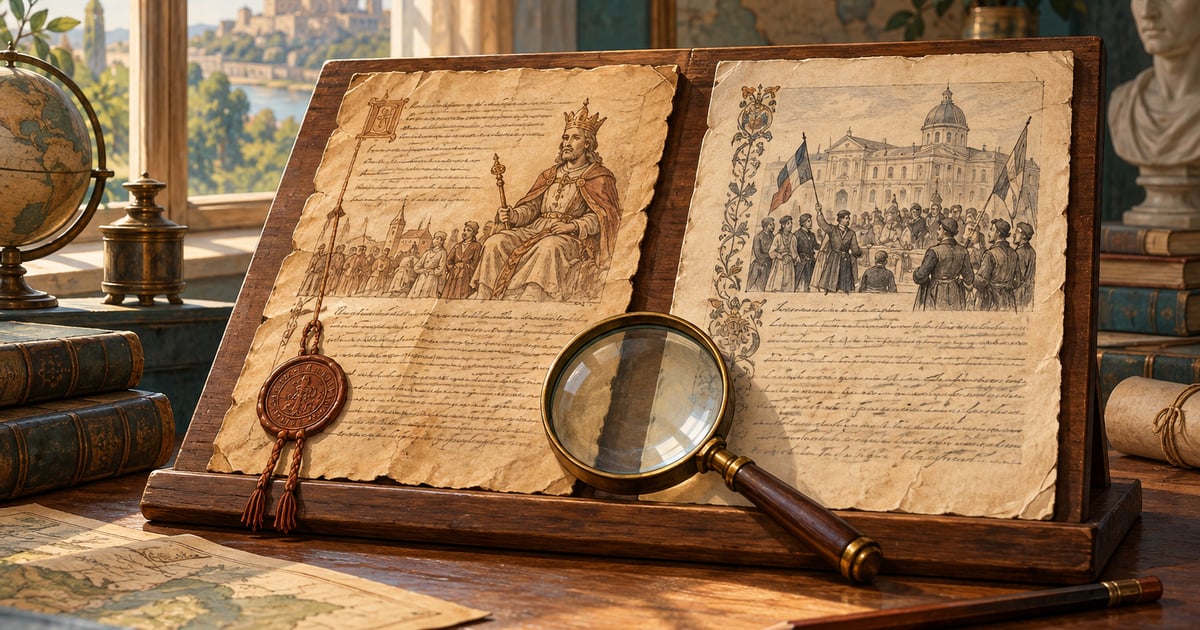 Două documente deschise pe un birou și o lupă evocă lectura comparată a surselor istorice.