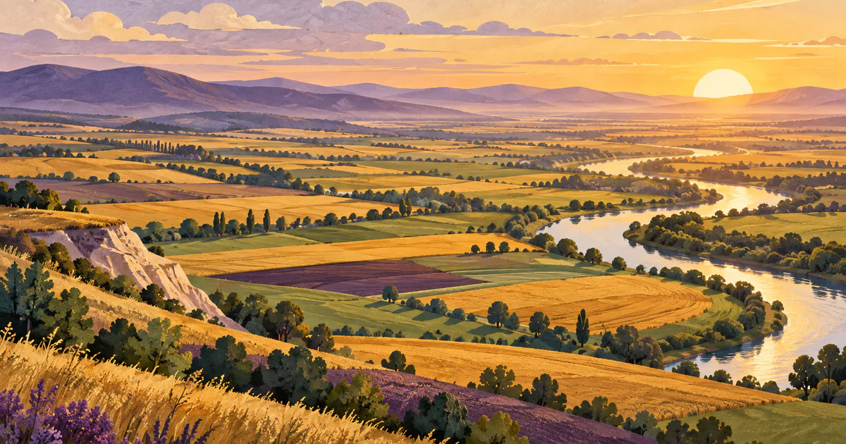 Peisaj conceptual de câmpie cu terenuri agricole și un râu meandrat, în culori aurii și violet.