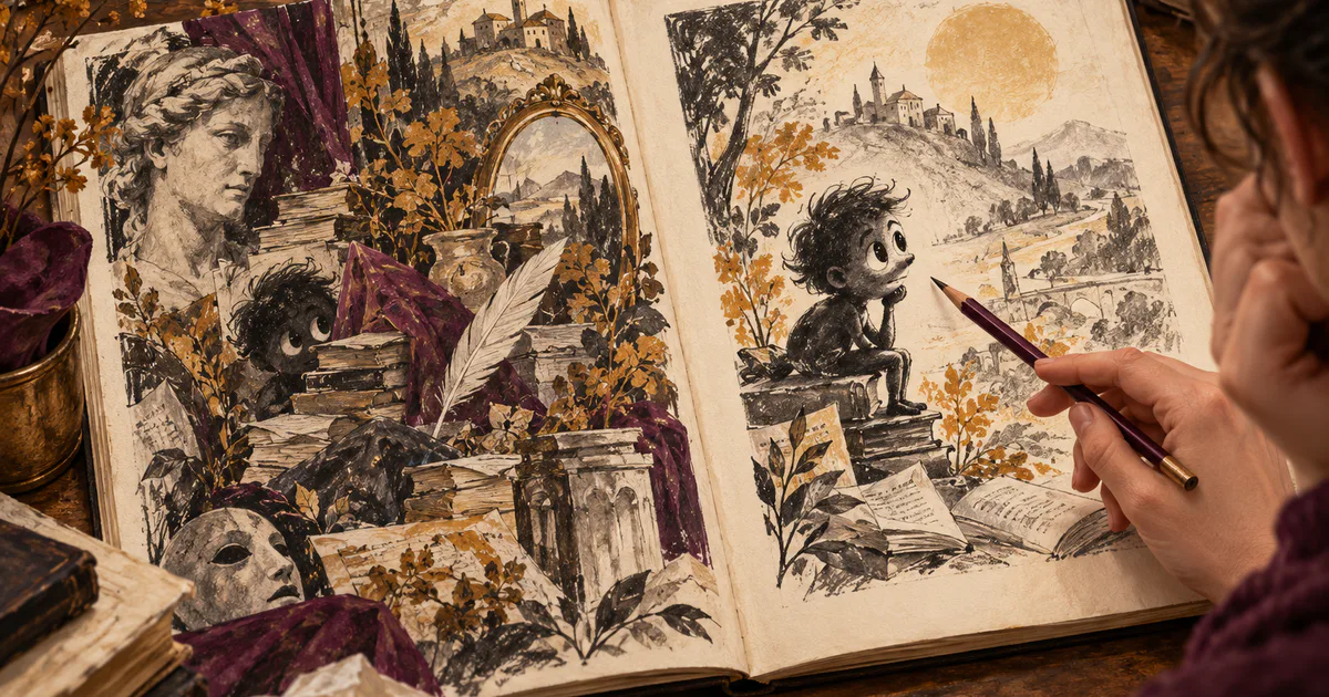 Un fragment de pagină conectat printr-o linie de creion cu o idee ilustrată pe un cartonaș.