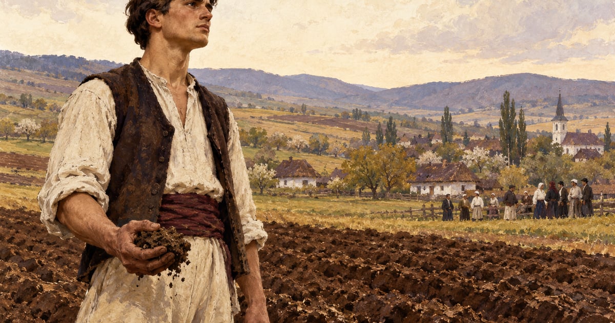 Un tânăr țăran ține pământ în mână, cu ogoare și o adunare a satului în fundal.