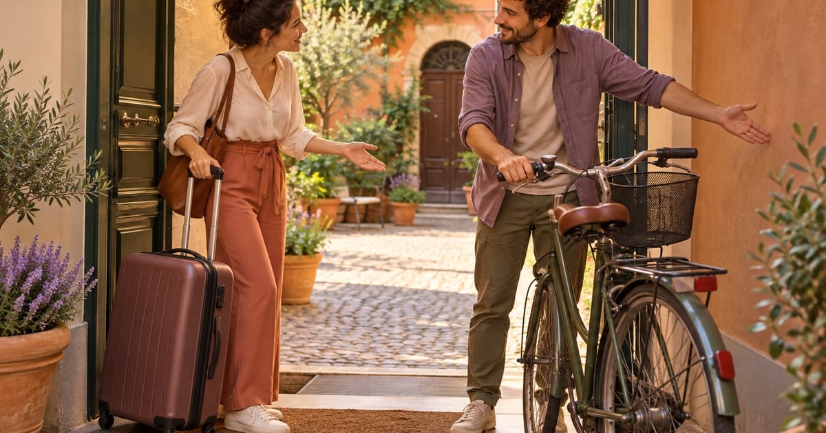 O femeie cu valiză discută cu vecinul despre bicicleta aflată lângă ușă, iar el indică un loc lângă perete.