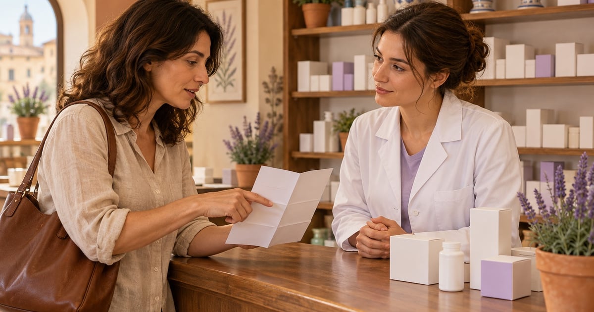 O femeie arată un prospect farmacistei, peste tejgheaua pe care se află cutii simple.