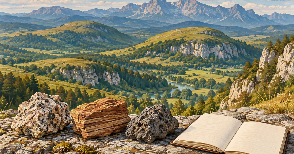 Mostre de rocă lângă un caiet și culmi montane evocă istoria geologică a Europei.