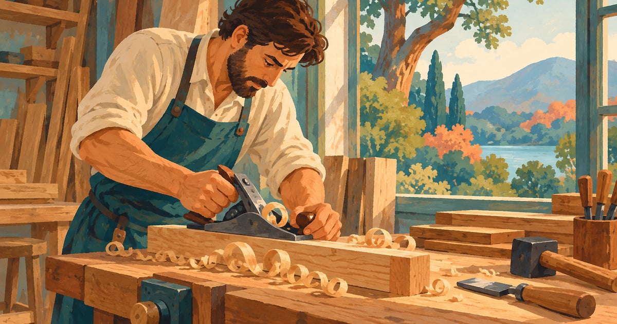 Meșteșugar, lemn, unelte și peisaj natural, ilustrând conceptual factorii de producție.