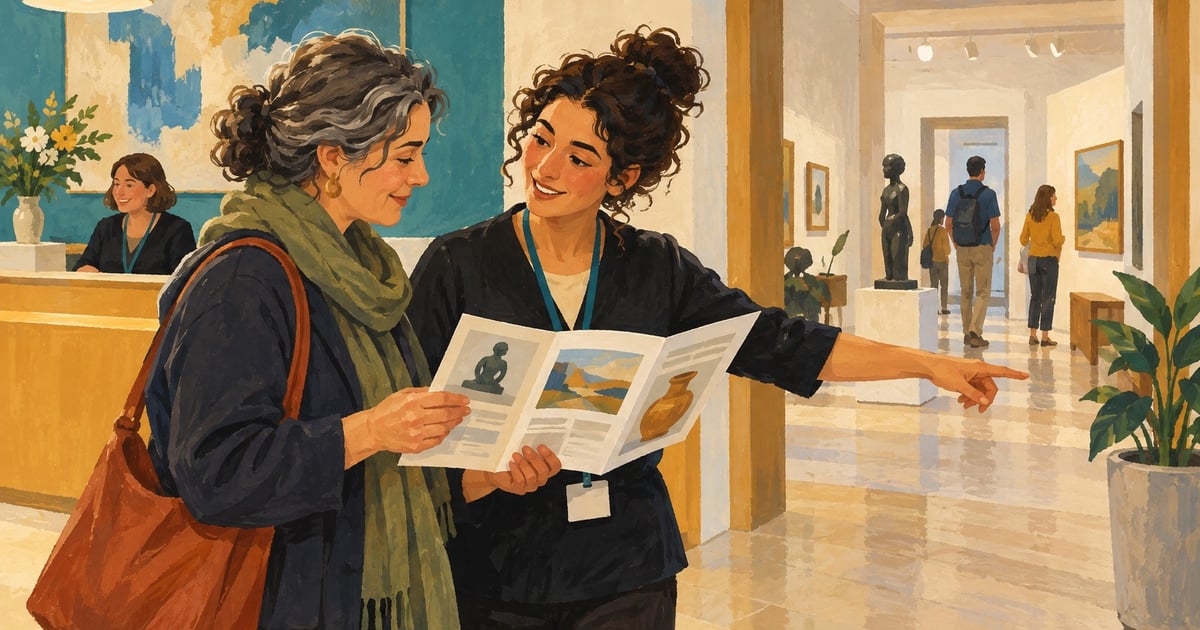 O voluntară consultă programul cu o vizitatoare și indică drumul spre galerie, lângă recepția centrului cultural.
