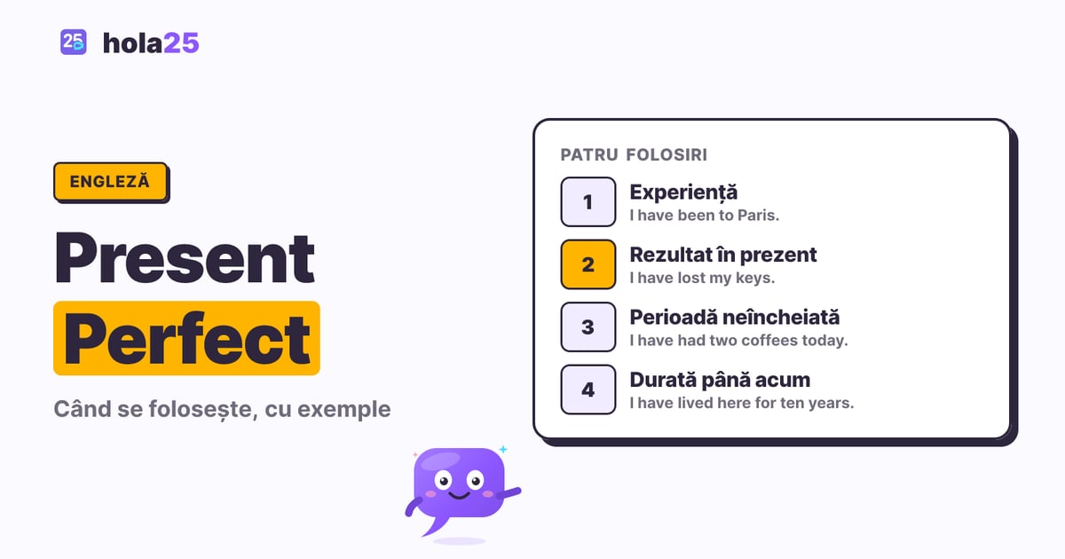 Cele patru folosiri ale timpului Present Perfect: experiență, rezultat în prezent, perioadă neîncheiată și durată până acum