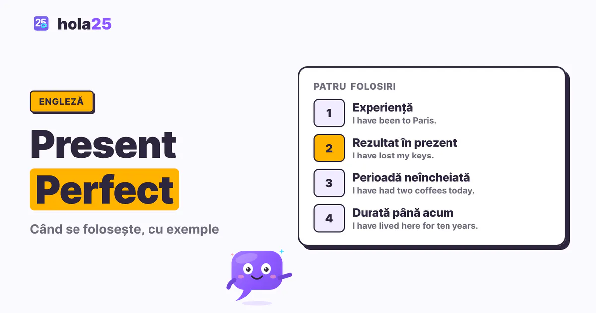 Cele patru folosiri ale timpului Present Perfect: experiență, rezultat în prezent, perioadă neîncheiată și durată până acum