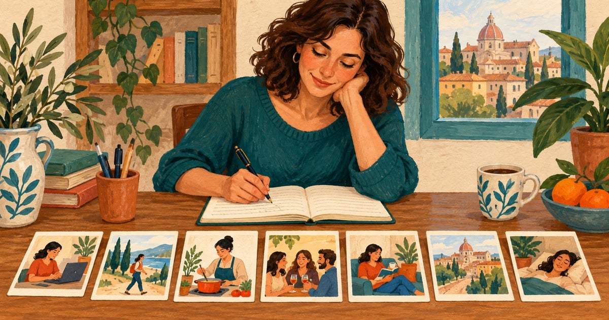 O femeie scrie într-un jurnal, alături de șapte imagini cu activități dintr-o săptămână.