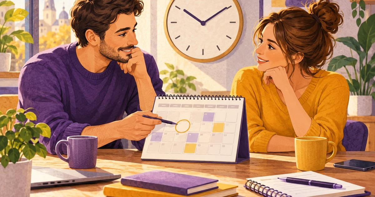 Doi cursanți stabilesc o întâlnire folosind un calendar și un ceas de perete.