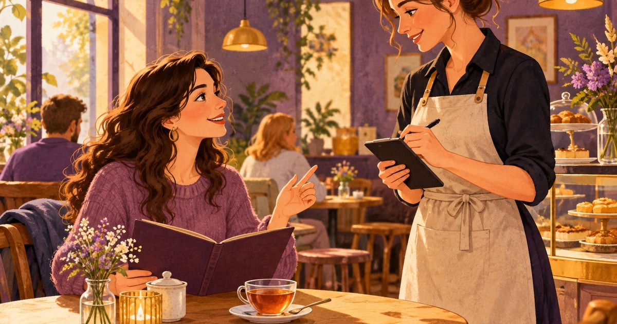 O clientă cu meniul deschis îi spune comanda unei angajate la cafenea.