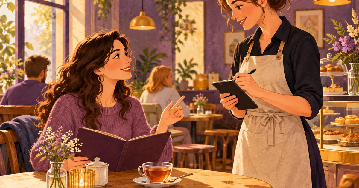 O clientă cu meniul deschis îi spune comanda unei angajate la cafenea.
