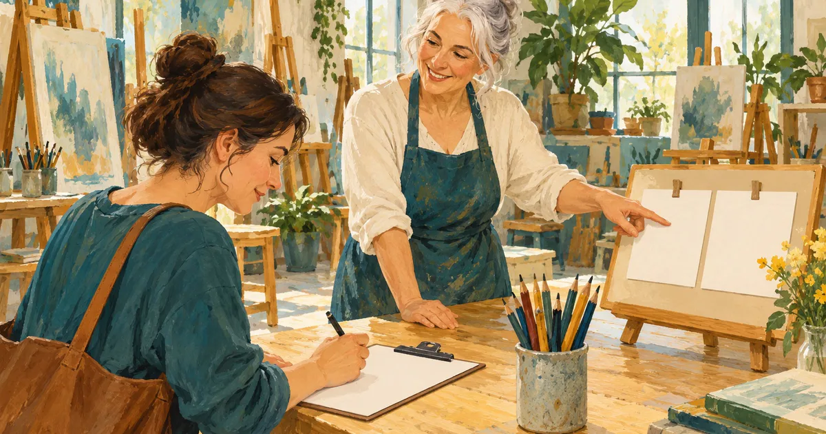 O participantă completează formularul la un atelier de desen, lângă un pahar cu creioane și instructoarea ei.