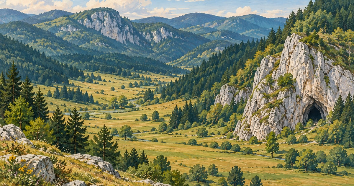 Dealuri montane împădurite și stânci calcaroase într-un peisaj imaginar inspirat de Apuseni.