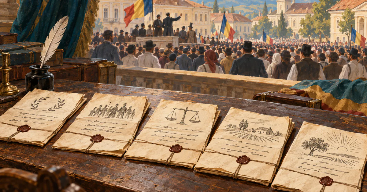 Cinci documente și o mulțime într-o piață evocă programele revoluționare din 1848.