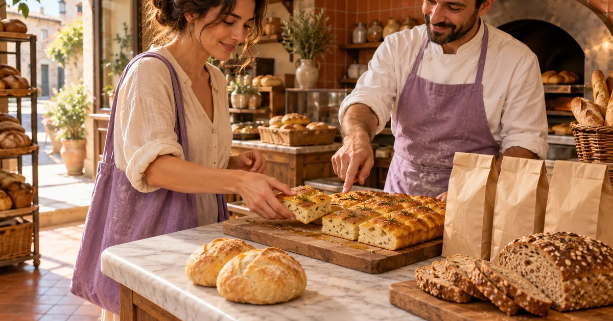 O clientă alege o porție de focaccia la brutărie, lângă chifle, pâine feliată și pungi de hârtie.