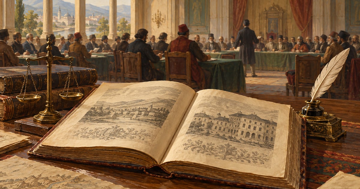 Două volume de reguli și o sală de adunare evocă organizarea instituțiilor în 1831–1832.