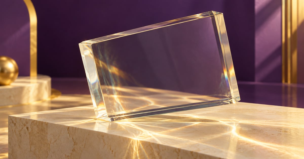 Bloc transparent cu reflexe aurii, concept despre o lamă optică