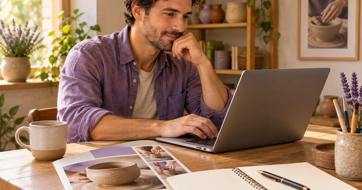 Un bărbat redactează un mesaj la laptop, lângă o broșură cu un bol de ceramică și foi pentru notițe.