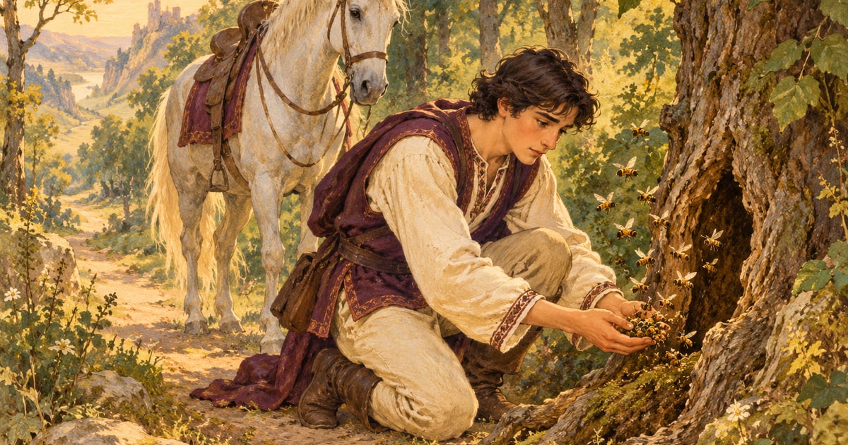 Un tânăr ajută albinele lângă un copac, însoțit de un cal, într-o ilustrație conceptuală despre bunătate.