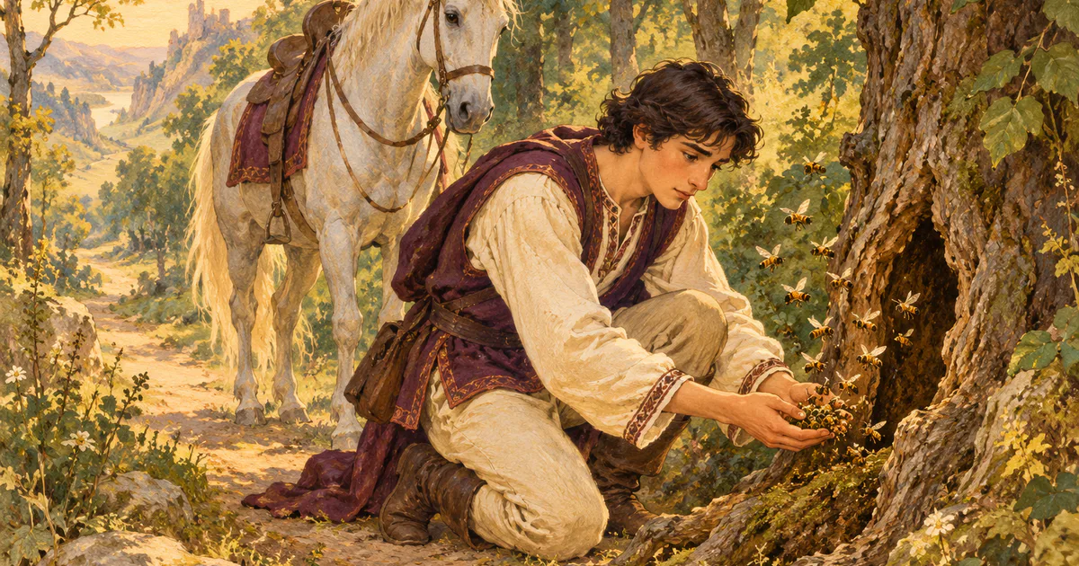Un tânăr ajută albinele lângă un copac, însoțit de un cal, într-o ilustrație conceptuală despre bunătate.