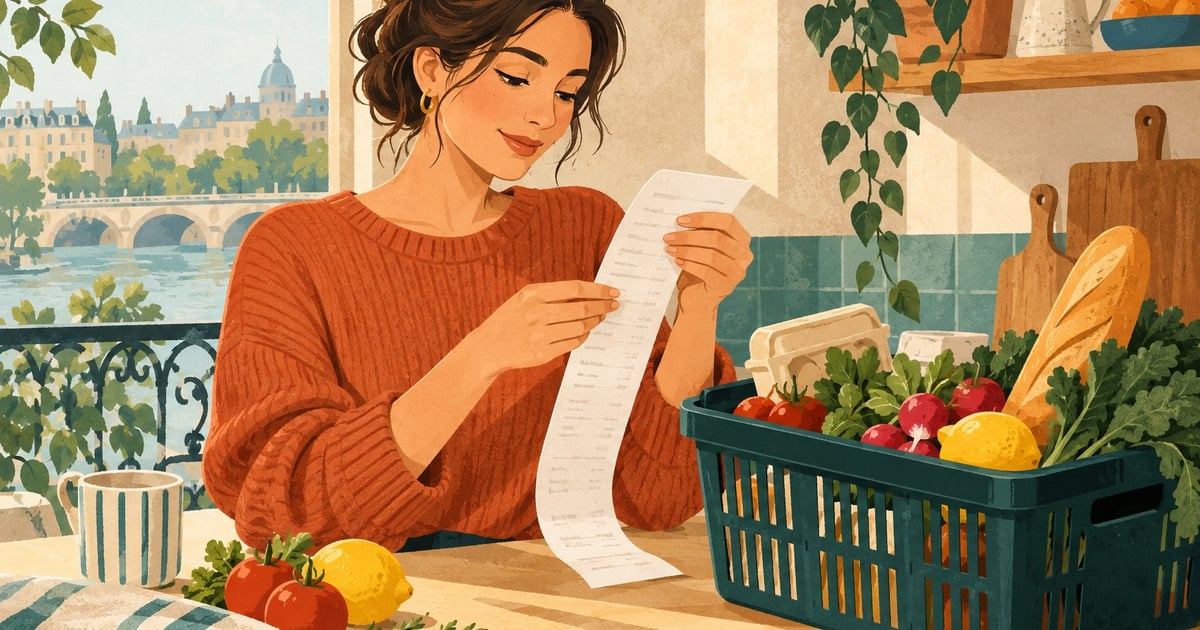 O femeie verifică un bon de cumpărături lângă un coș cu alimente pe masa din bucătărie.