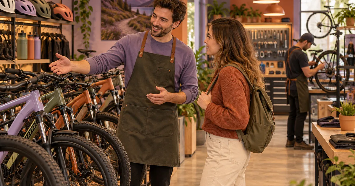 Un angajat discută cu o vizitatoare lângă biciclete, iar un coleg lucrează la o bicicletă în fundal.