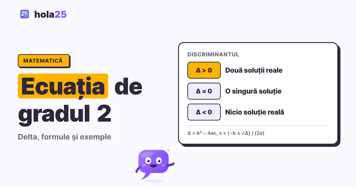 Cele trei cazuri ale discriminantului: delta pozitiv, două soluții; delta zero, o soluție; delta negativ, nicio soluție reală