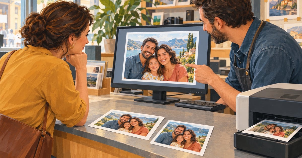 O clientă și un angajat verifică fotografia de familie pe ecran, lângă două exemplare cu margine albă și o imprimantă.