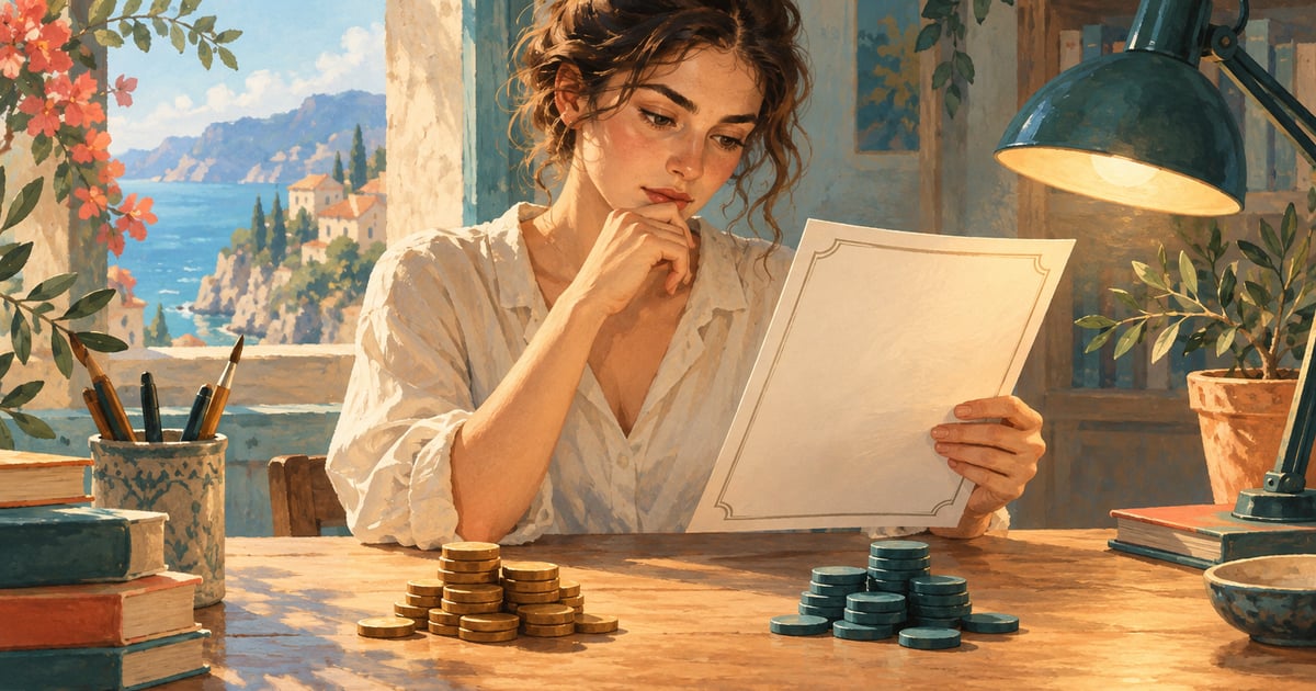 Elevă analizează un certificat fără text și jetoane, ilustrație conceptuală despre titluri.