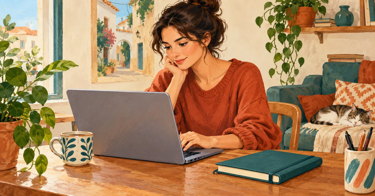 O femeie scrie un mesaj pe laptop acasă, lângă un caiet și o pisică.