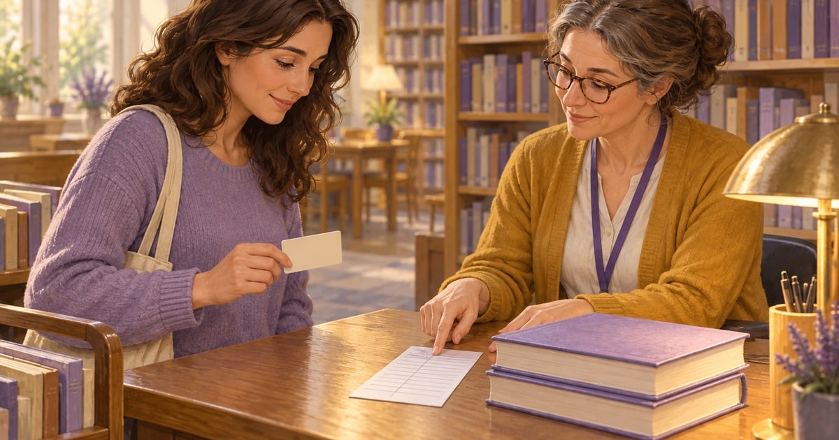 O cititoare arată permisul bibliotecarei, care indică un câmp de pe documentul de împrumut lângă două cărți.