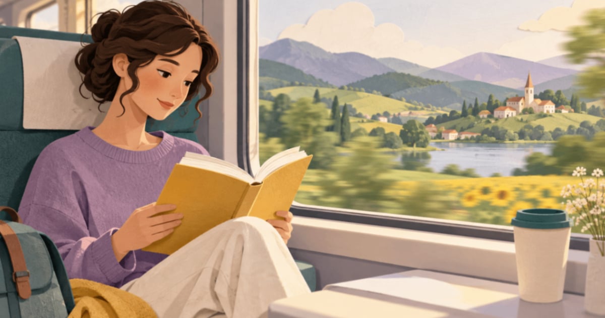 O călătoare citește într-un tren, lângă fereastra prin care se vede peisajul.
