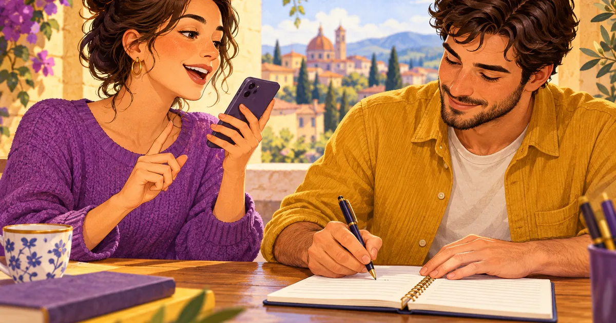O femeie dictează de pe telefon, iar un bărbat notează într-un caiet.
