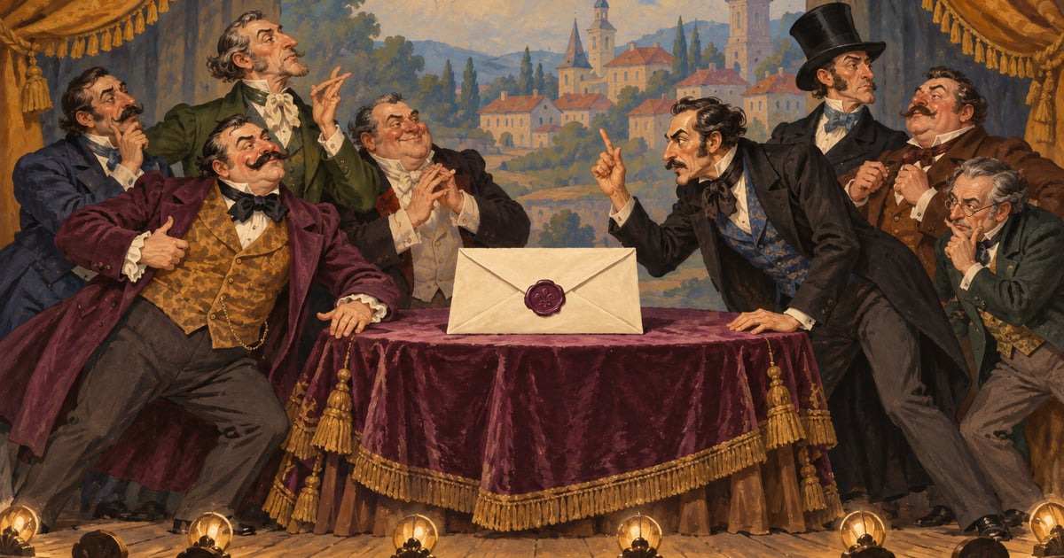 Un plic sigilat stă între două grupuri de politicieni caricaturali pe o scenă de teatru.