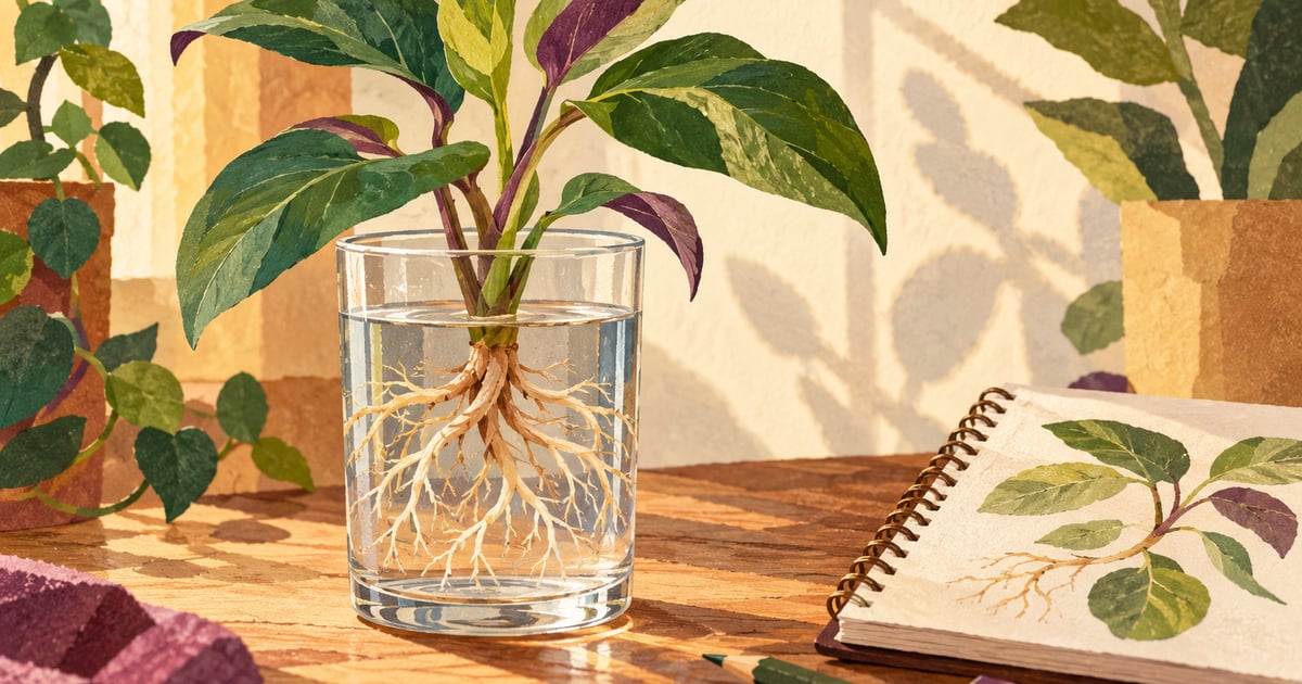 O plantă tânără cu rădăcini vizibile într-un vas transparent, lângă un caiet de studiu.