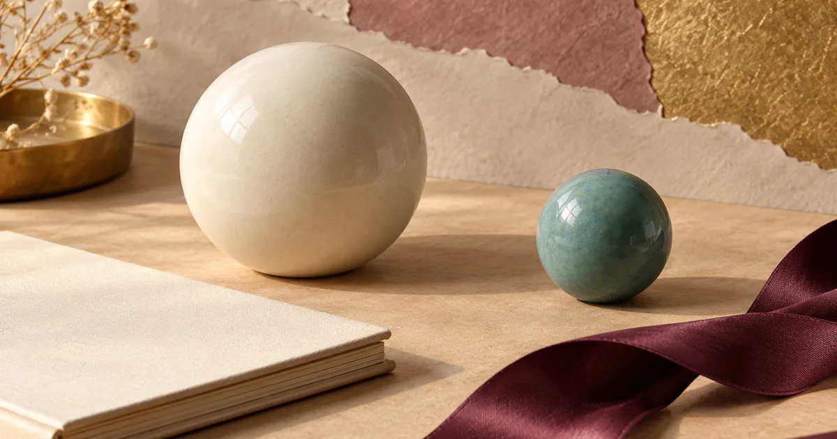 Două sfere ceramice de dimensiuni diferite sugerează abstract comparația gameților.