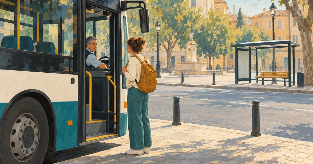 O călătoare verifică direcția cu șoferul unui autobuz, iar stația de pe partea opusă a străzii se vede în fundal.