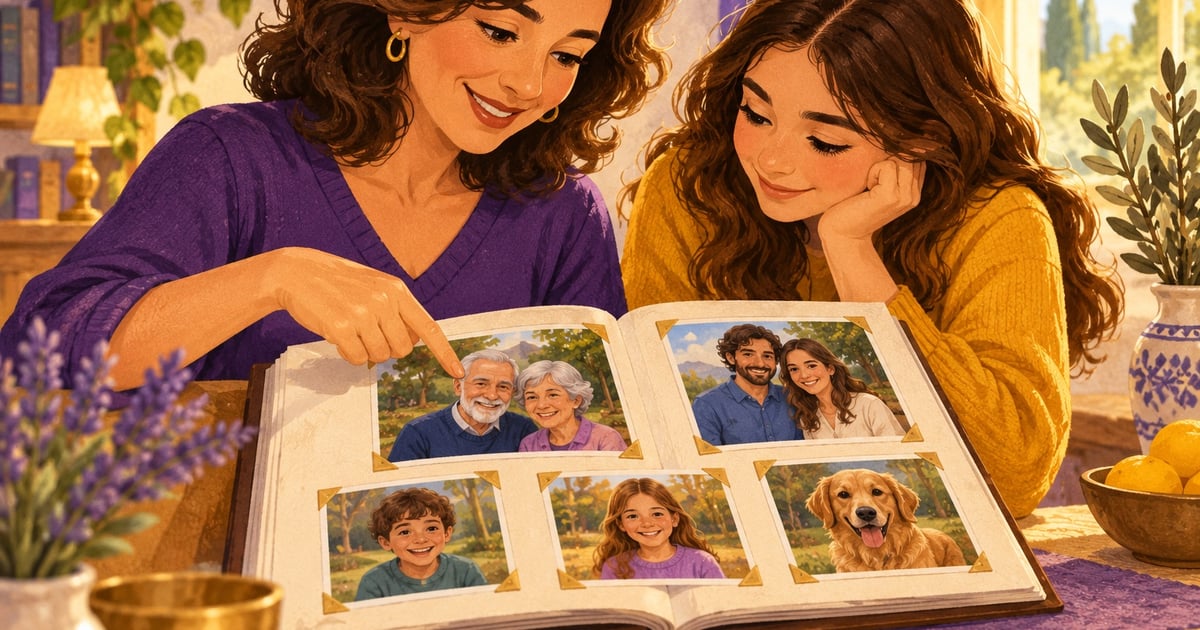 Două persoane privesc împreună fotografiile dintr-un album de familie.