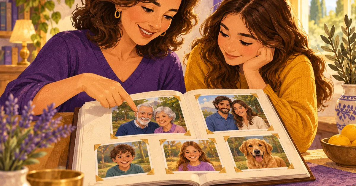 Două persoane privesc împreună fotografiile dintr-un album de familie.